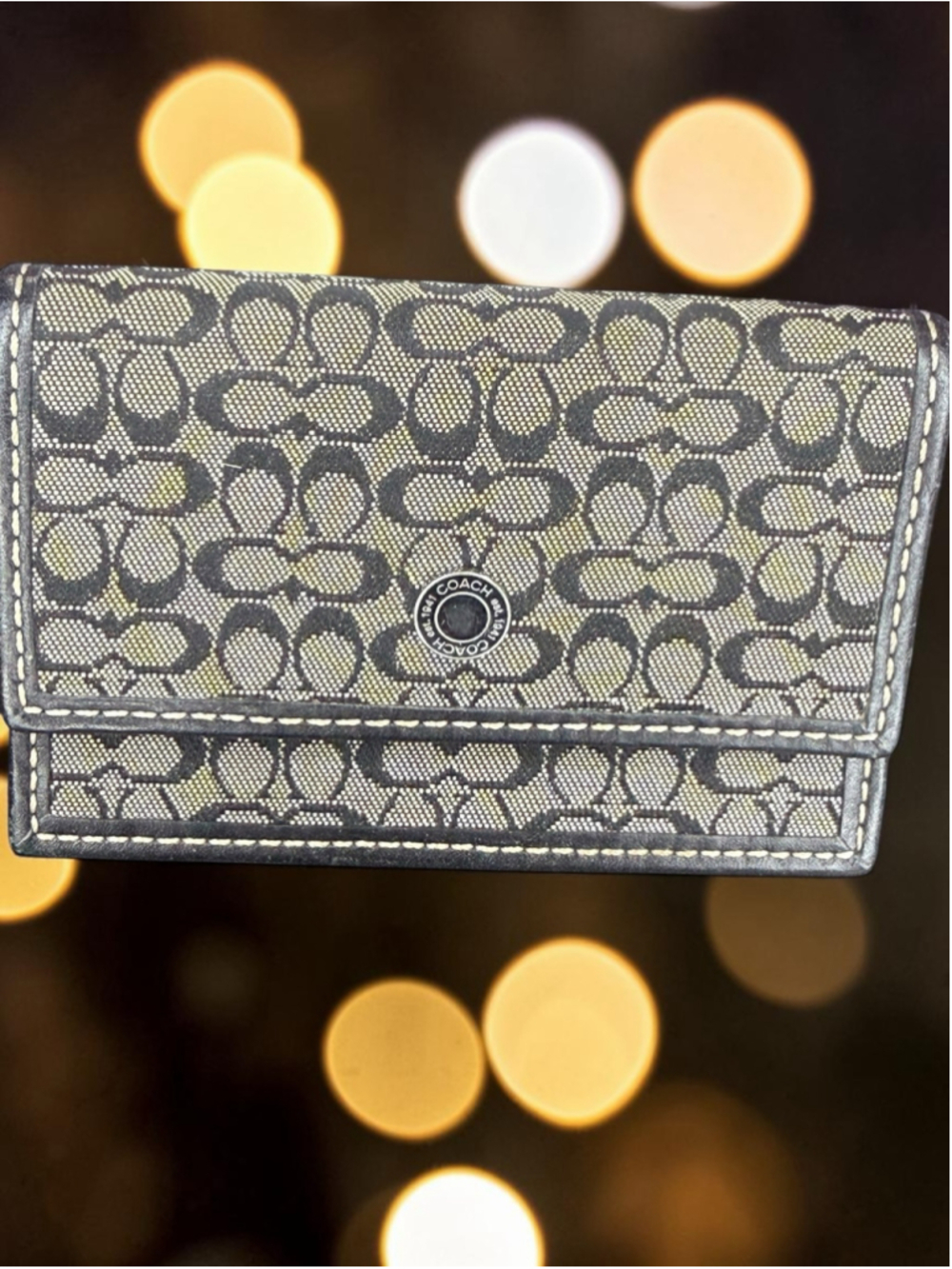 Coach Signature Optic C Small Trifold Wallet Black Gray Jacquard Canvas Leather